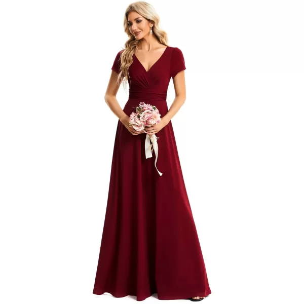 EverPretty Womens Ruched V Neck A Line FloorLength Bridesmiad Dress with Sleeves 01730Burgundy