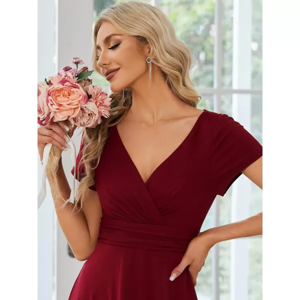 EverPretty Womens Ruched V Neck A Line FloorLength Bridesmiad Dress with Sleeves 01730Burgundy