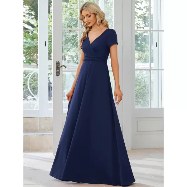 EverPretty Womens Ruched V Neck A Line FloorLength Bridesmiad Dress with Sleeves 01730Navy Blue