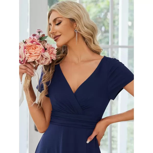 EverPretty Womens Ruched V Neck A Line FloorLength Bridesmiad Dress with Sleeves 01730Navy Blue