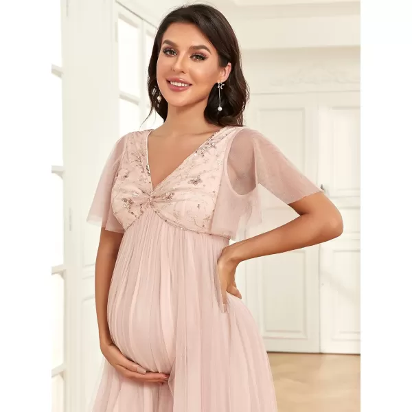 EverPretty Womens Ruffle Sleeve Double V Neck Sequin Pleated A Line Tulle Maternity Photoshoot Dress 01550EYRose Gold