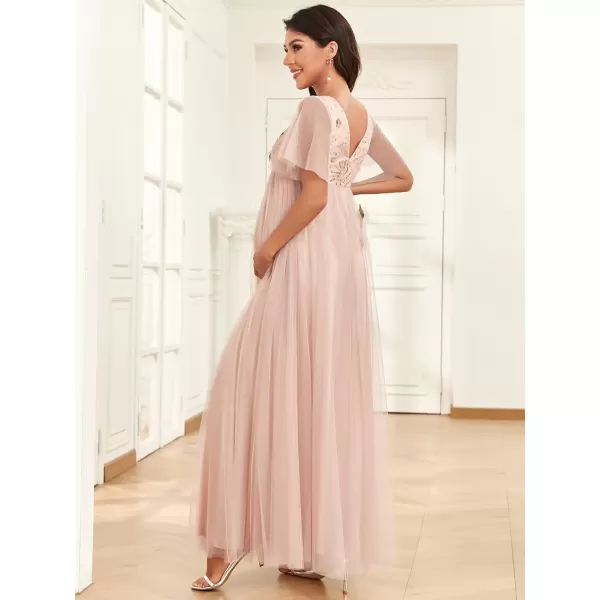 EverPretty Womens Ruffle Sleeve Double V Neck Sequin Pleated A Line Tulle Maternity Photoshoot Dress 01550EYRose Gold