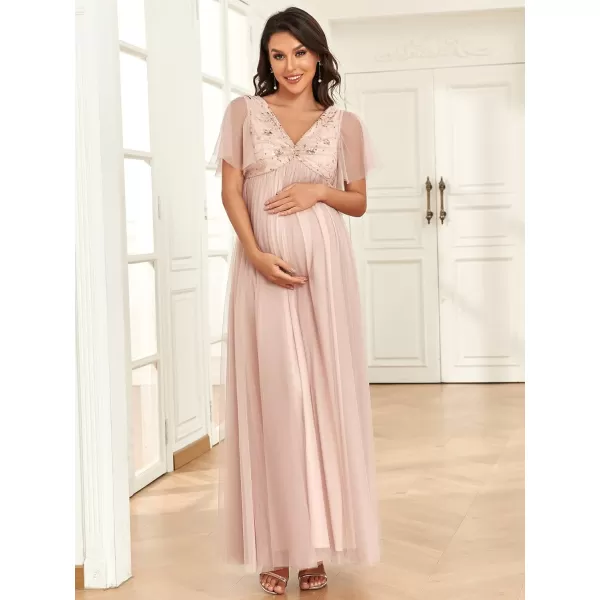 EverPretty Womens Ruffle Sleeve Double V Neck Sequin Pleated A Line Tulle Maternity Photoshoot Dress 01550EYRose Gold