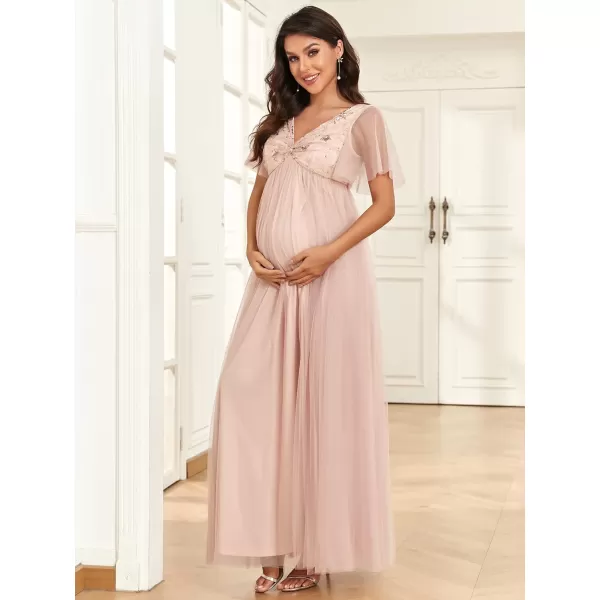 EverPretty Womens Ruffle Sleeve Double V Neck Sequin Pleated A Line Tulle Maternity Photoshoot Dress 01550EYRose Gold