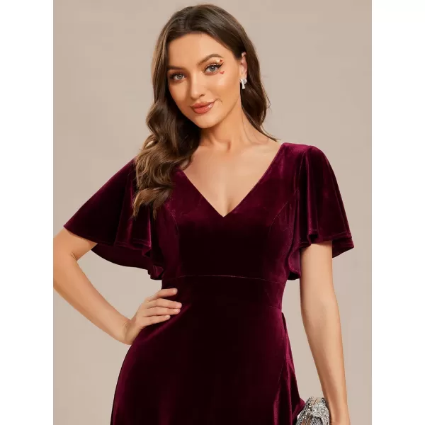 EverPretty Womens Ruffle Sleeve VNeck Wrap Waist Maxi Dress Church Wedding Guest Party Dresses 02041Burgundy