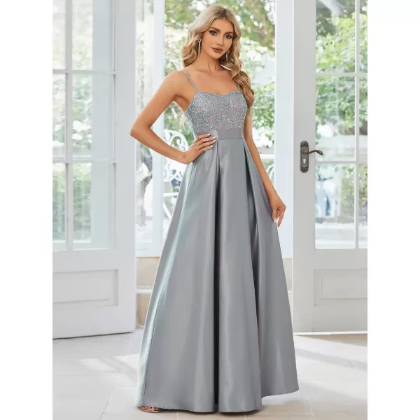 EverPretty Womens Satin Spaghetti Strap Floor Length Summer Sequin Prom Dress 01761Grey