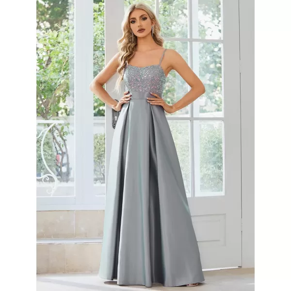 EverPretty Womens Satin Spaghetti Strap Floor Length Summer Sequin Prom Dress 01761Grey