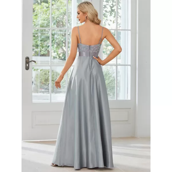 EverPretty Womens Satin Spaghetti Strap Floor Length Summer Sequin Prom Dress 01761Grey