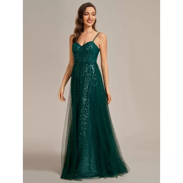 EverPretty Womens Sequin A Line Spaghetti Straps Long Evening Dress 01952Dark Green