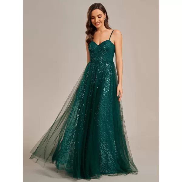 EverPretty Womens Sequin A Line Spaghetti Straps Long Evening Dress 01952Dark Green