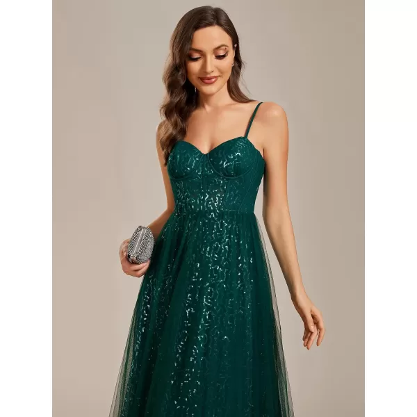 EverPretty Womens Sequin A Line Spaghetti Straps Long Evening Dress 01952Dark Green