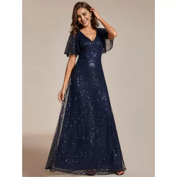 EverPretty Womens Sequin ALine V Neck Beaded Gown Long Sheer Sleeves Cocktail Evening Dresses 01999Anavy Blue