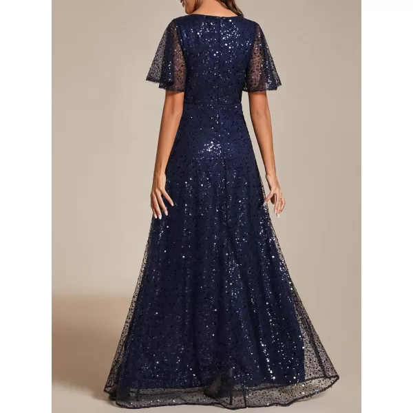 EverPretty Womens Sequin ALine V Neck Beaded Gown Long Sheer Sleeves Cocktail Evening Dresses 01999Anavy Blue