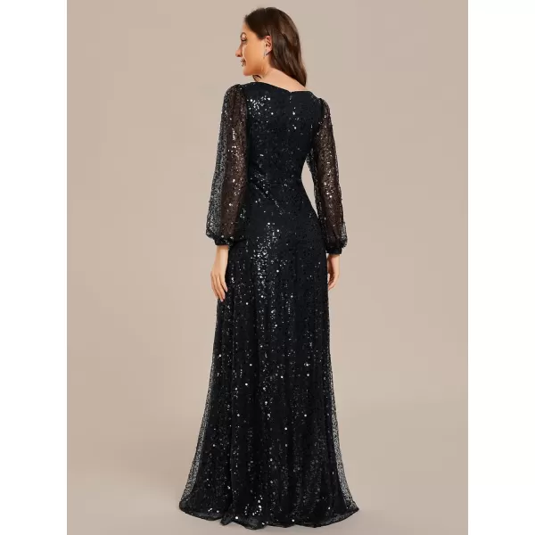 EverPretty Womens Sequin ALine V Neck Beaded Gown Long Sheer Sleeves Cocktail Evening Dresses 01999Black