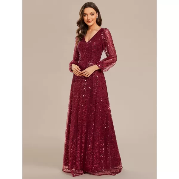 EverPretty Womens Sequin ALine V Neck Beaded Gown Long Sheer Sleeves Cocktail Evening Dresses 01999Burgundy