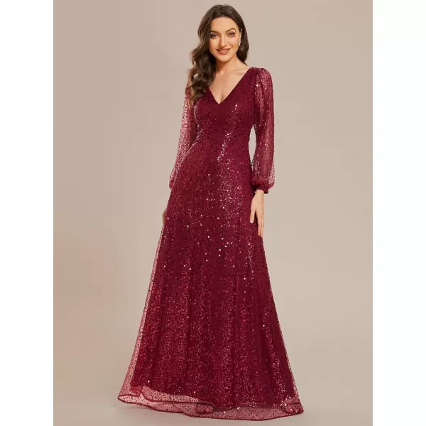 EverPretty Womens Sequin ALine V Neck Beaded Gown Long Sheer Sleeves Cocktail Evening Dresses 01999Burgundy