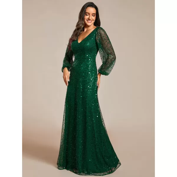 EverPretty Womens Sequin ALine V Neck Beaded Gown Long Sheer Sleeves Cocktail Evening Dresses 01999Dark Green