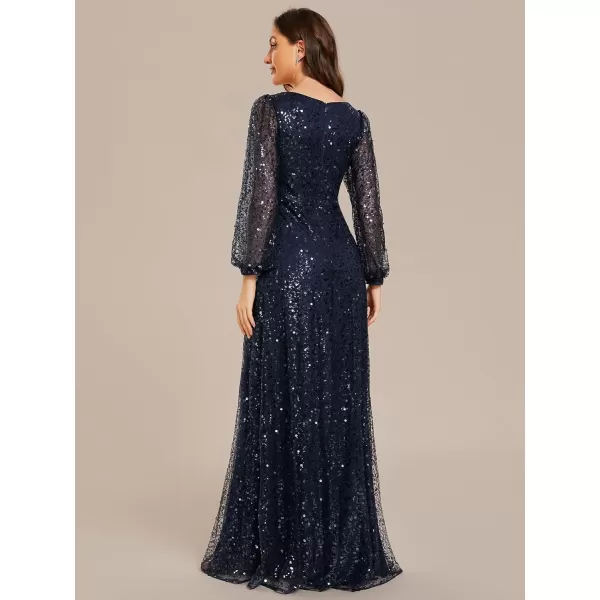 EverPretty Womens Sequin ALine V Neck Beaded Gown Long Sheer Sleeves Cocktail Evening Dresses 01999Navy Blue