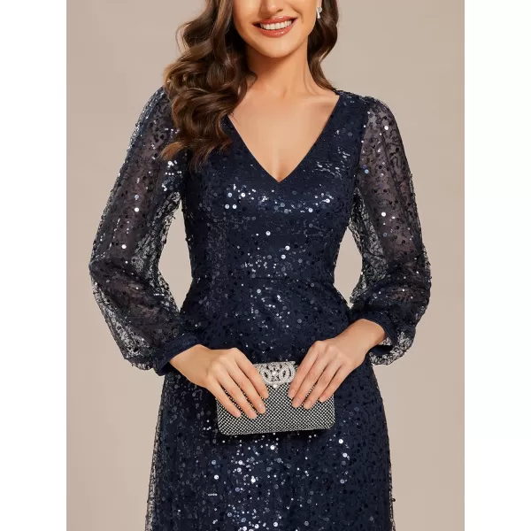 EverPretty Womens Sequin ALine V Neck Beaded Gown Long Sheer Sleeves Cocktail Evening Dresses 01999Navy Blue