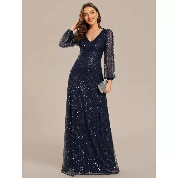 EverPretty Womens Sequin ALine V Neck Beaded Gown Long Sheer Sleeves Cocktail Evening Dresses 01999Navy Blue