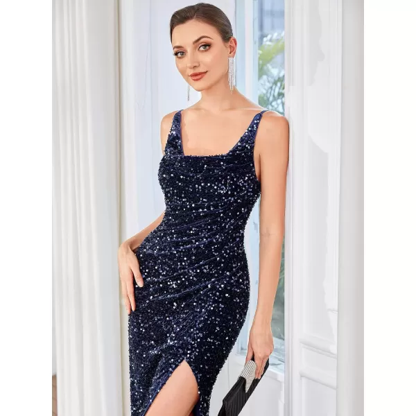 EverPretty Womens Sequin Bodycon Side Slit Sleeveless Long Evening Party Dress 50008Navy Blue