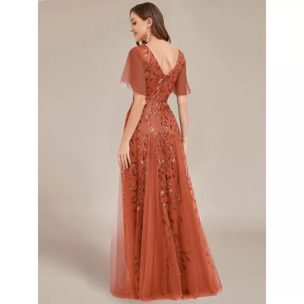 EverPretty Womens Sequin Embroidery VNeck Short Sleeve Maxi Evening Dress Prom Gowns 0734USABurnt Orange