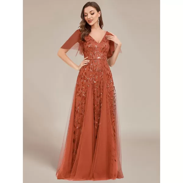 EverPretty Womens Sequin Embroidery VNeck Short Sleeve Maxi Evening Dress Prom Gowns 0734USABurnt Orange