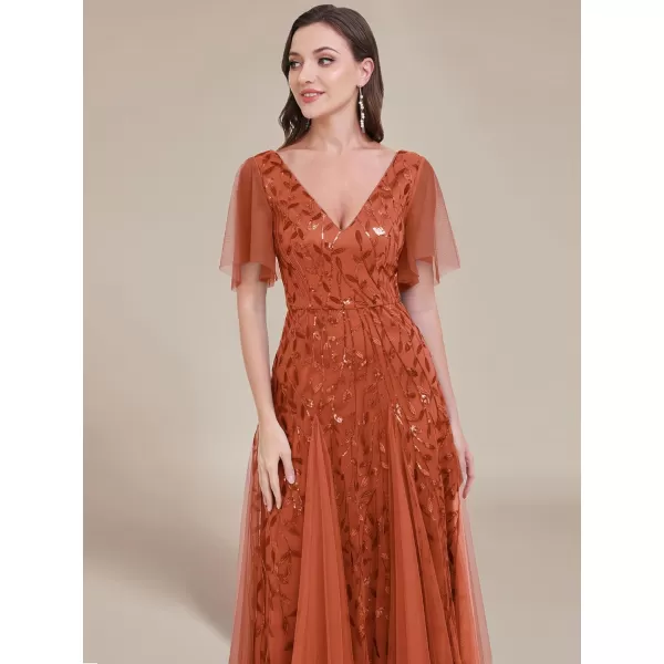 EverPretty Womens Sequin Embroidery VNeck Short Sleeve Maxi Evening Dress Prom Gowns 0734USABurnt Orange