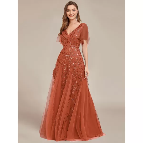 EverPretty Womens Sequin Embroidery VNeck Short Sleeve Maxi Evening Dress Prom Gowns 0734USABurnt Orange