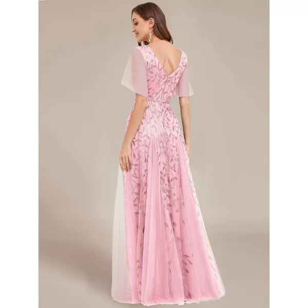 EverPretty Womens Sequin Embroidery VNeck Short Sleeve Maxi Evening Dress Prom Gowns 0734USAPink