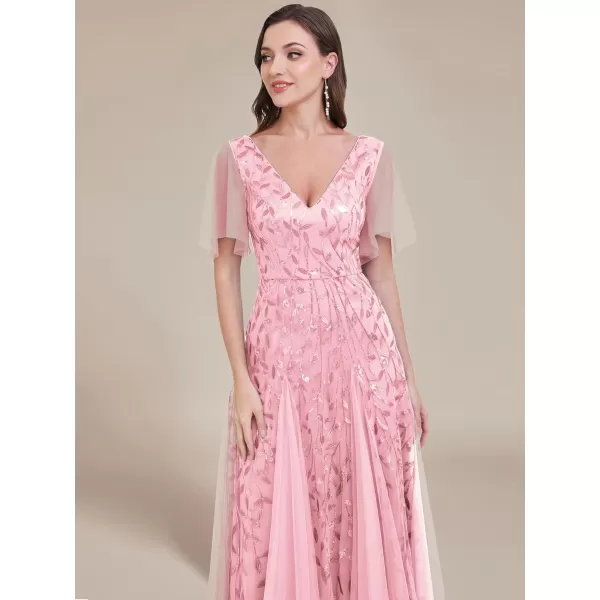 EverPretty Womens Sequin Embroidery VNeck Short Sleeve Maxi Evening Dress Prom Gowns 0734USAPink