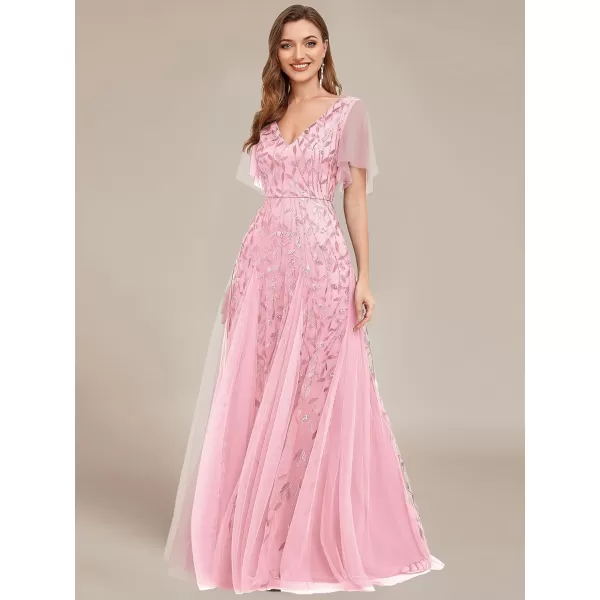 EverPretty Womens Sequin Embroidery VNeck Short Sleeve Maxi Evening Dress Prom Gowns 0734USAPink
