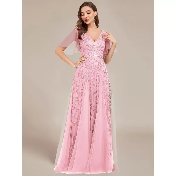 EverPretty Womens Sequin Embroidery VNeck Short Sleeve Maxi Evening Dress Prom Gowns 0734USAPink