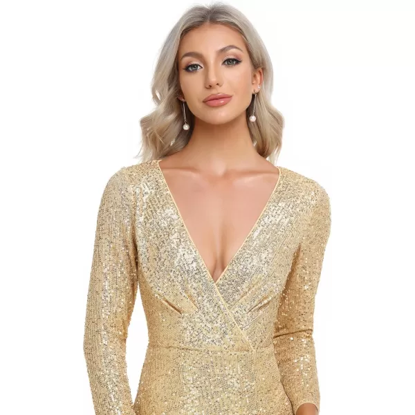 EverPretty Womens Sequin Evening Dress Long Sleeves Side Split FloorLength Formal Gowns 00824Gold