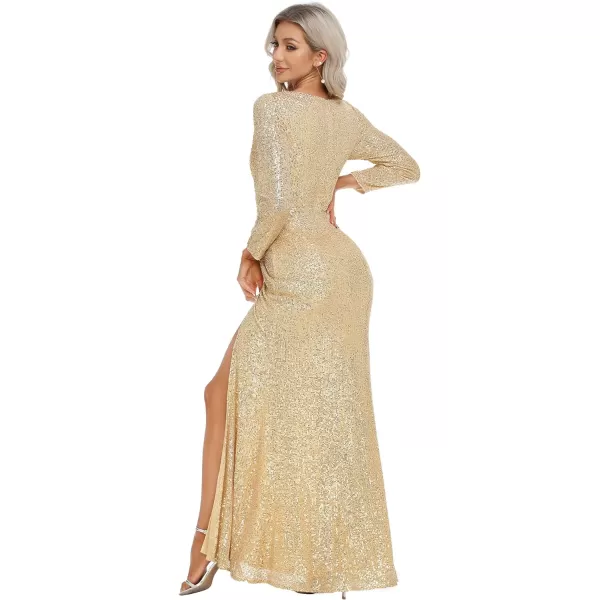 EverPretty Womens Sequin Evening Dress Long Sleeves Side Split FloorLength Formal Gowns 00824Gold