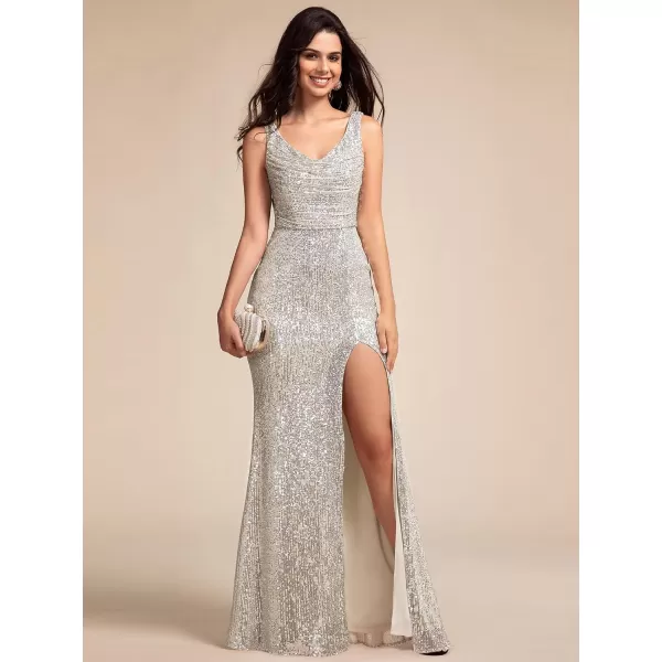EverPretty Womens Sequin Formal Dresses Cowl Neck Sleeveless Mermaid Split Maxi Evening Dresses 02231Champagne