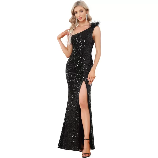 EverPretty Womens Sequin One Shoulder Backless High Slit Bodycon Evening Dresses 01568Black