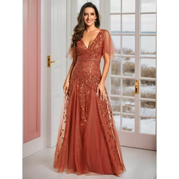 EverPretty Womens Sequin Sparkly VNeck Short Sleeve Maxi Evening Dress Prom Gowns 00734Burnt Orange