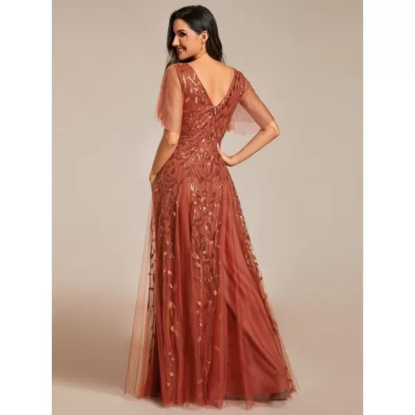 EverPretty Womens Sequin Sparkly VNeck Short Sleeve Maxi Evening Dress Prom Gowns 00734Burnt Orange