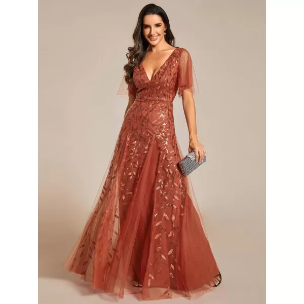 EverPretty Womens Sequin Sparkly VNeck Short Sleeve Maxi Evening Dress Prom Gowns 00734Burnt Orange