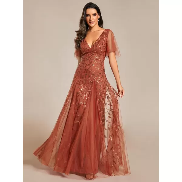 EverPretty Womens Sequin Sparkly VNeck Short Sleeve Maxi Evening Dress Prom Gowns 00734Burnt Orange