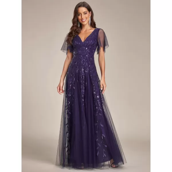 EverPretty Womens Sequin Sparkly VNeck Short Sleeve Maxi Evening Dress Prom Gowns 00734Deep Purple
