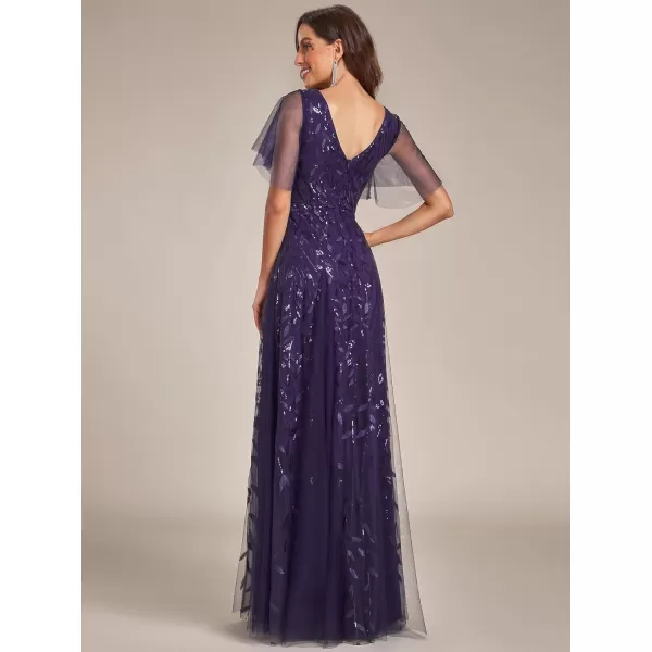 EverPretty Womens Sequin Sparkly VNeck Short Sleeve Maxi Evening Dress Prom Gowns 00734Deep Purple