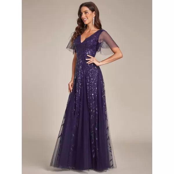 EverPretty Womens Sequin Sparkly VNeck Short Sleeve Maxi Evening Dress Prom Gowns 00734Deep Purple