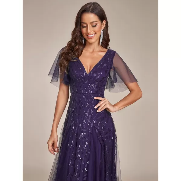 EverPretty Womens Sequin Sparkly VNeck Short Sleeve Maxi Evening Dress Prom Gowns 00734Deep Purple