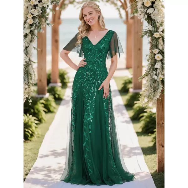 EverPretty Womens Sequin Sparkly VNeck Short Sleeve Maxi Evening Dress Prom Gowns 00734Green