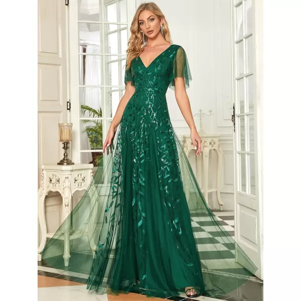 EverPretty Womens Sequin Sparkly VNeck Short Sleeve Maxi Evening Dress Prom Gowns 00734Green