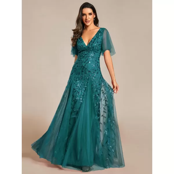 EverPretty Womens Sequin Sparkly VNeck Short Sleeve Maxi Evening Dress Prom Gowns 00734Teal