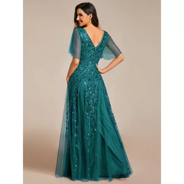 EverPretty Womens Sequin Sparkly VNeck Short Sleeve Maxi Evening Dress Prom Gowns 00734Teal