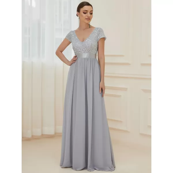 EverPretty Womens Sequin VNeck Aline Short Sleeves Empire Waist Maxi Evening Dress Formal Dress 0150ACustomAsilver